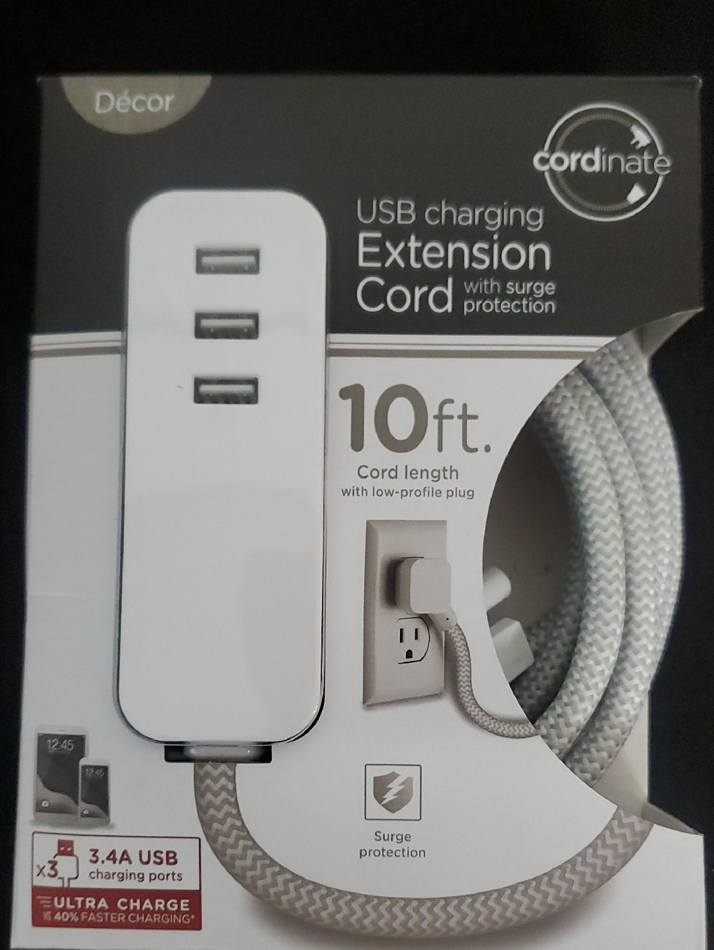 White USB Charging Extension Cord with Surge Protection - 10ft